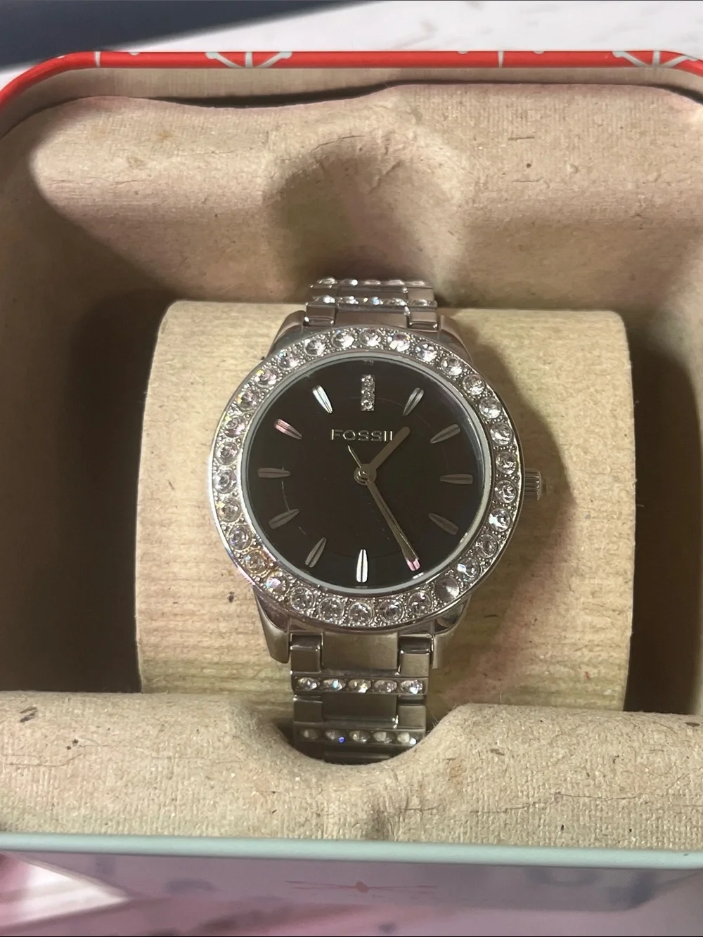 Fossil Silver Watch with Black Dial and Crystal Accents